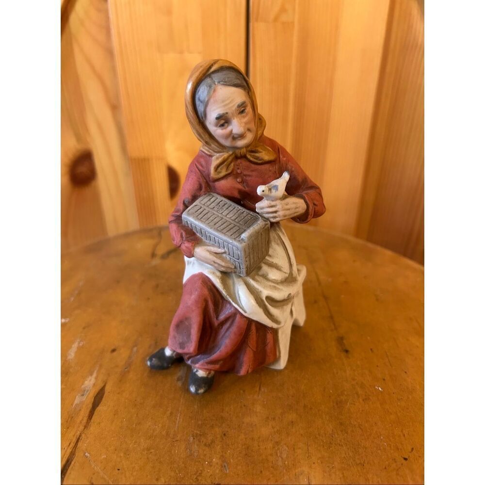 Vtg Grandma Flambro Figurine Lady with Bird Box on Bench Approx 5.5" (5555)